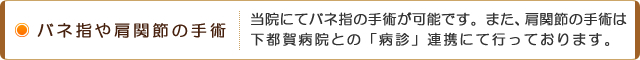 バネ指や肩関節の手術 当院にてバネ指の手術が可能です。また、肩関節の手術は下都賀病院との「病診」連携にて行っております。